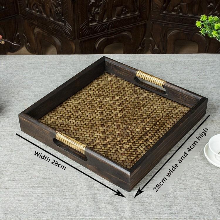 Thai Style Rattan Wooden Tray Southeast Asian Beauty Salon Hotel Tea Cup Storage Serving Tray
