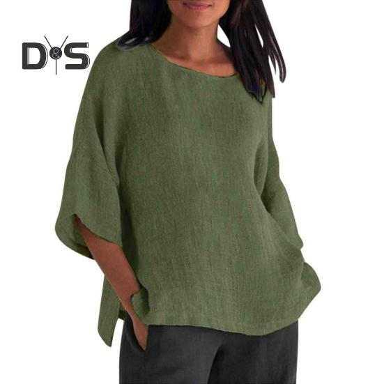 Women Shirt 3/4 Sleeve Casual Crew Neck Solid Color Pullover Tops Loose Fit Vacation Blouse Daily Wear
