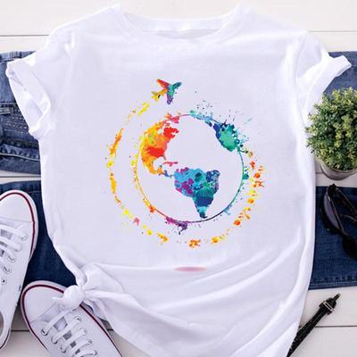 Women's Cartoon Printed Short Sleeved T-shirt, Watercolor Vacation Travel Clothing, Summer Fashion Top
