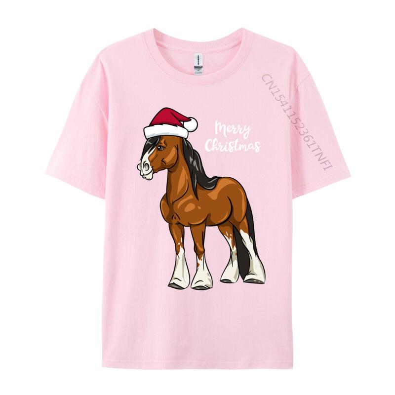 Cute Cartoon Clydesdale Draft Horse Christmas T-Shirt Men Crew Neck Camisas Men Printed Tops Tee Pure Cotton
