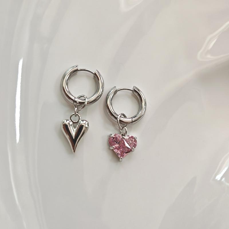 Sweet Pink Zircon Heart-Shaped Pendant Earrings For Women Simple Geometric Circular Ear Buckle Fashion Jewelry Accessories Gift