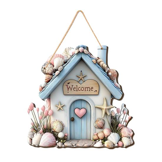 Indoor Outdoor Hanging Plaque Summer Coastal Wooden Wreath, Ocean Welcome Sign, Starfish Shell Nautical Handmade Sign Front Door Hanger for