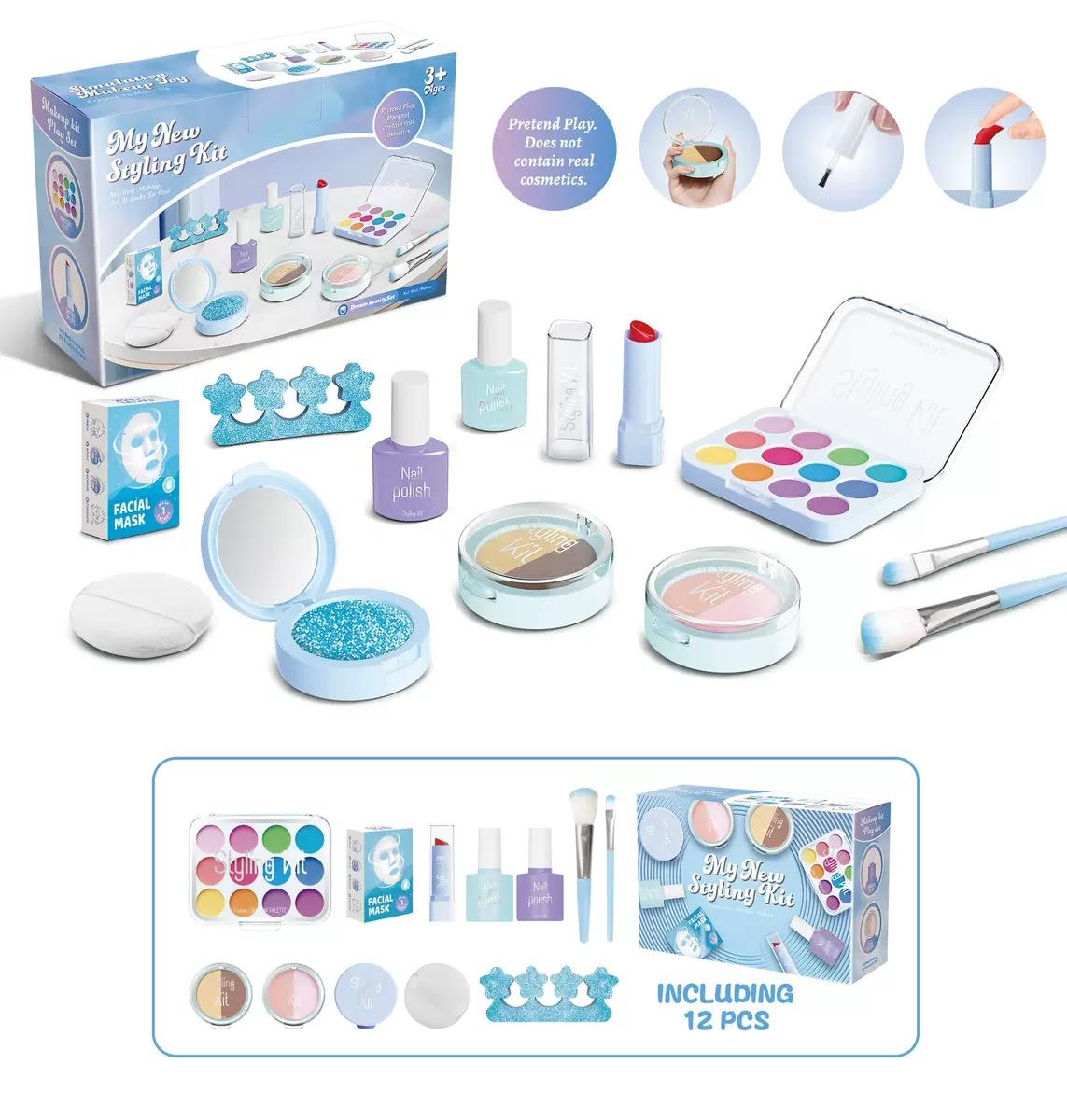 

Girl’s pretend home make-up set: faux manicure, lip color, eye shadow, non-washable princess-themed cosmetics and toys.