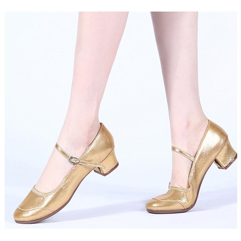 Size 34-42 Ladies' PU Modern Dance Shoes Gold Close Toe Beginner Latin Low Heeled Mary Jane Shoes