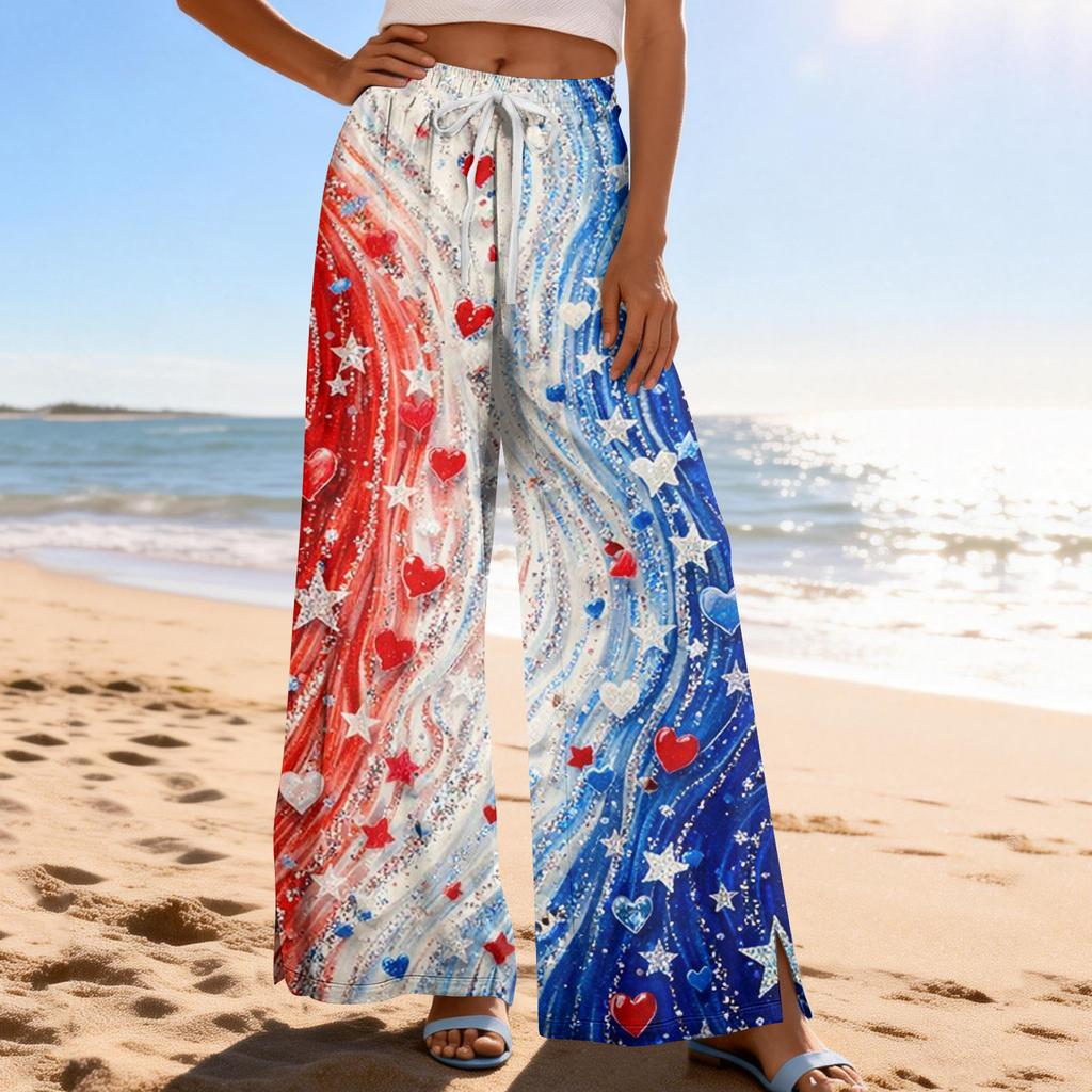 Dámské letní boho palazzo kalhoty s vysokým pasem a širokými nohavicemi, tisk, ležérní kalhoty s kapsami