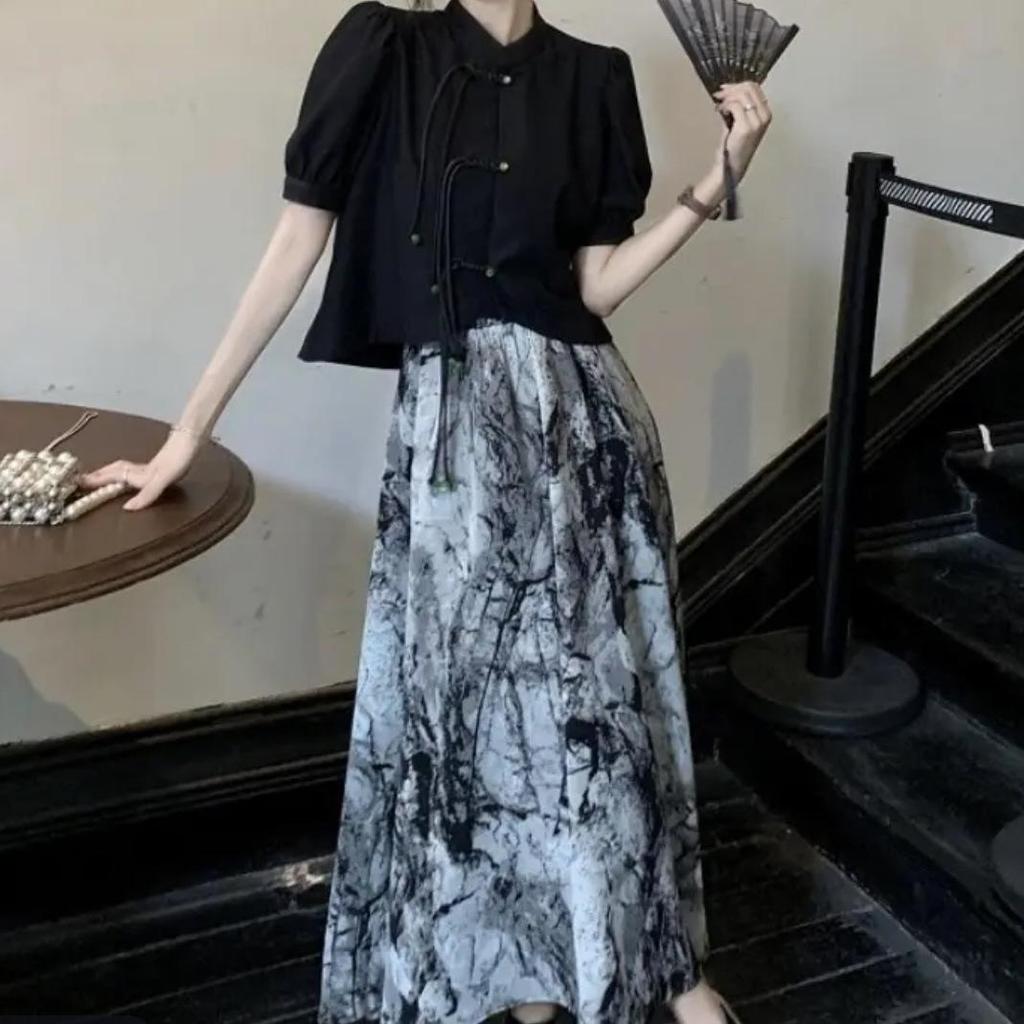 Versatile A-Line Black Midi Skirt for Women - Cotton & Rayon, Spring/Summer/Autumn 2025 Collection