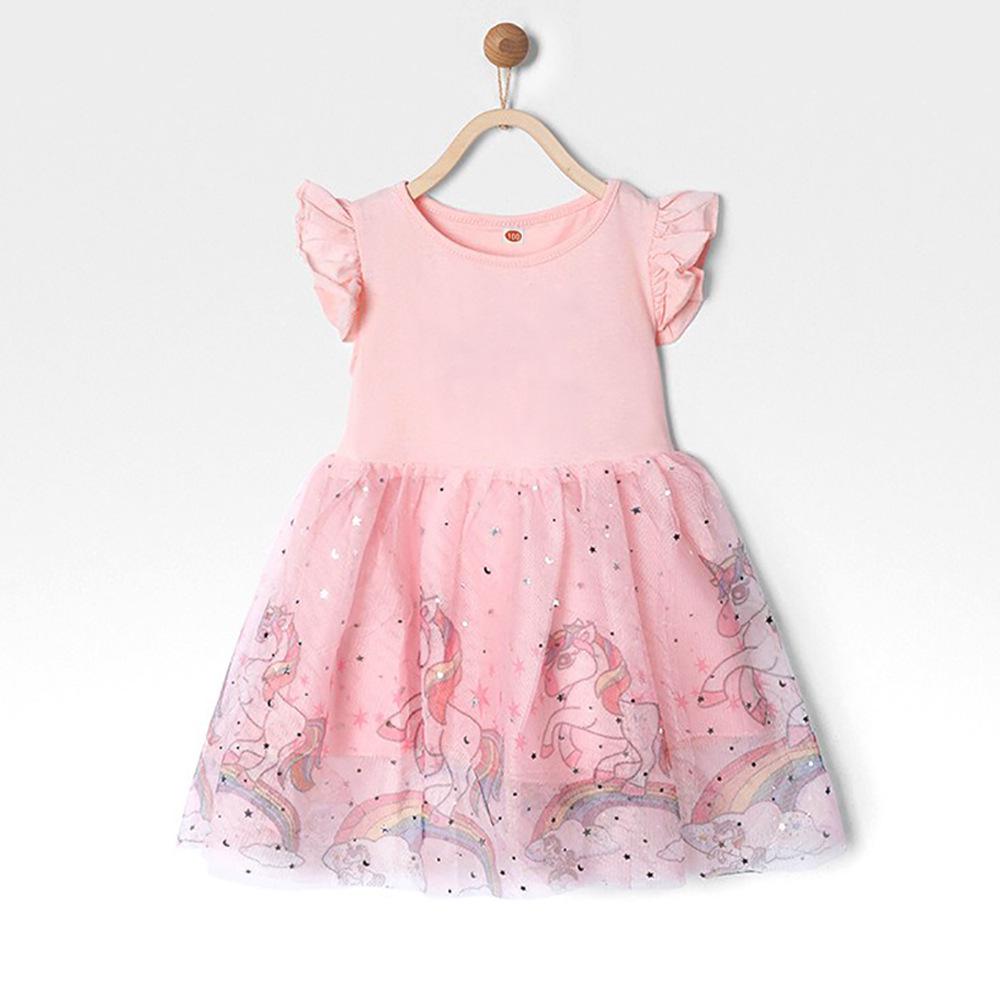 Sommer Mädchen Kurzarm Prinzessin Einhorn Kleid mit Tüllrock