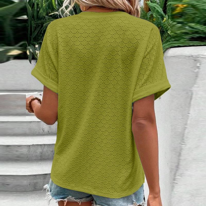 2025 Spring/Summer Women's Fashion Casual Solid Color V-neck Button T-shirt