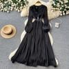 French retro red V-neck lantern sleeve bead dress, women's waist and thin temperament elegant and big swing dress