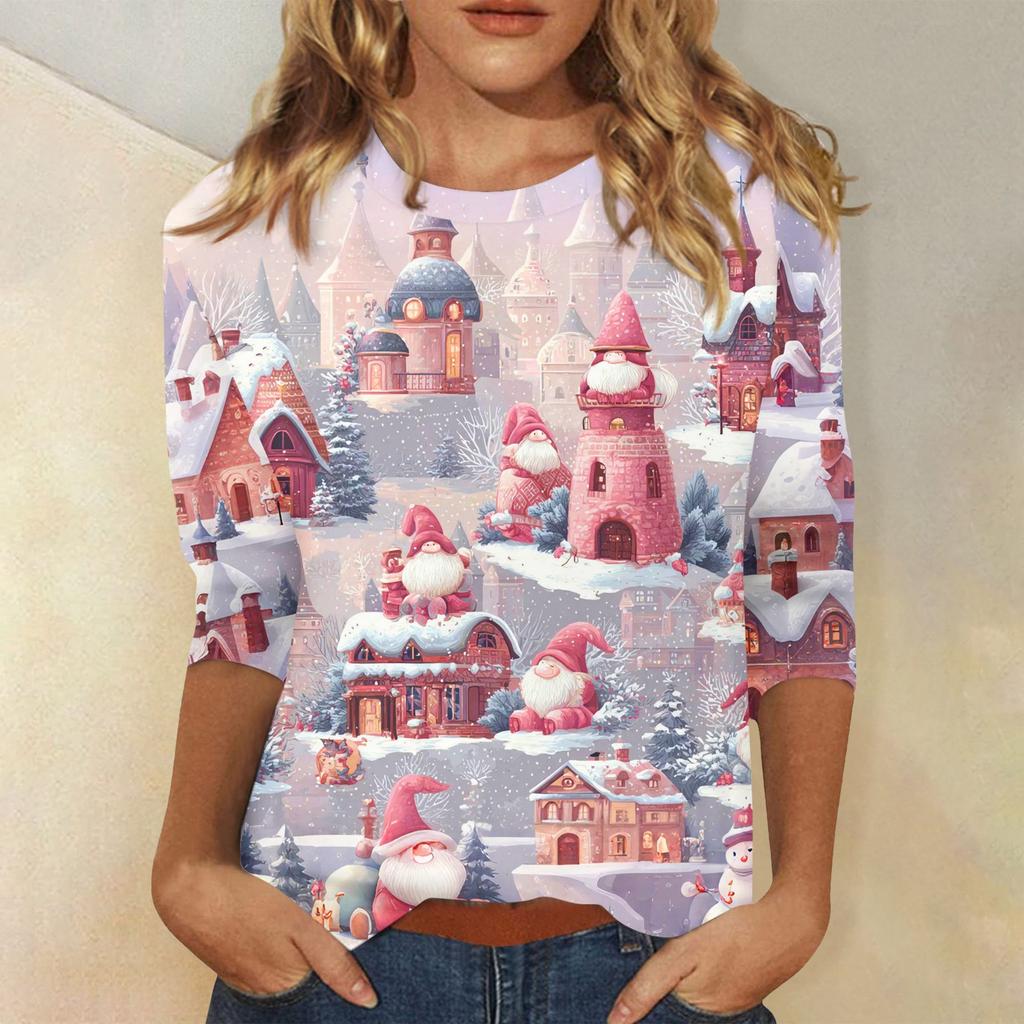 3/4 Sleeve Shirts For Women Print Christmas Tees Blouses Casual Plus Size Basic Tops Pullover
