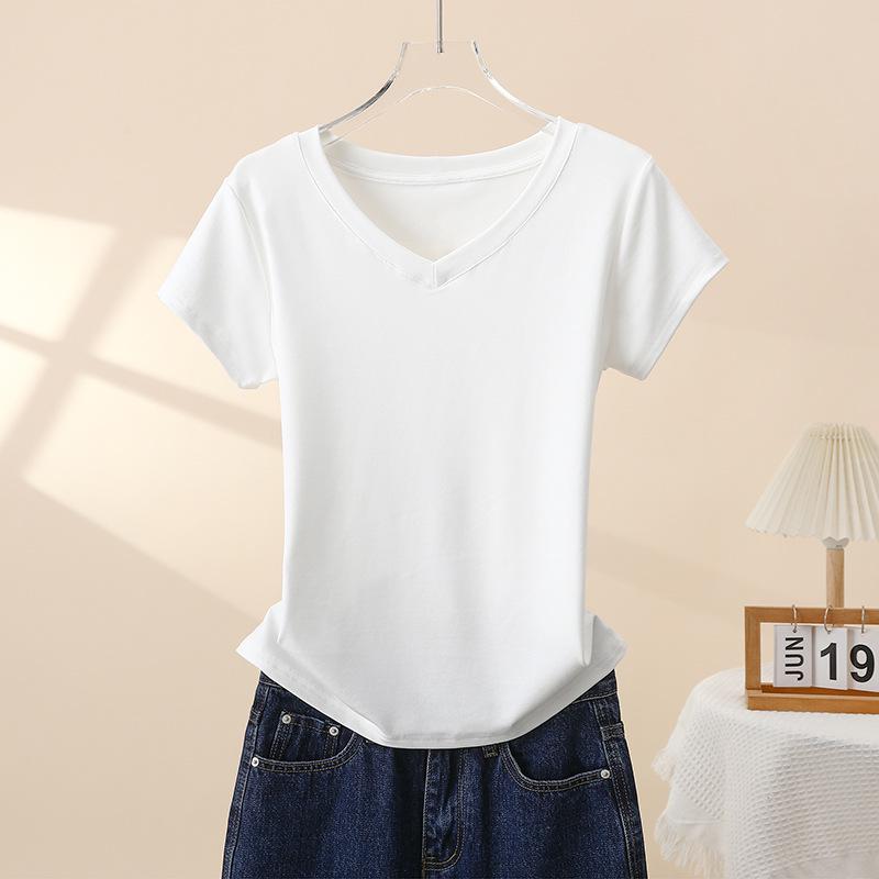 Dames 2025 Zomer Katoen V-Hals Korte Mouw Slankmakend Basic T-Shirt