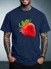 Unisex Black Crew Neck Tee Realistic Red Strawberry Fruit Print Short Sleeve Loose Casual Male Street Daily Summer Fashion Tops