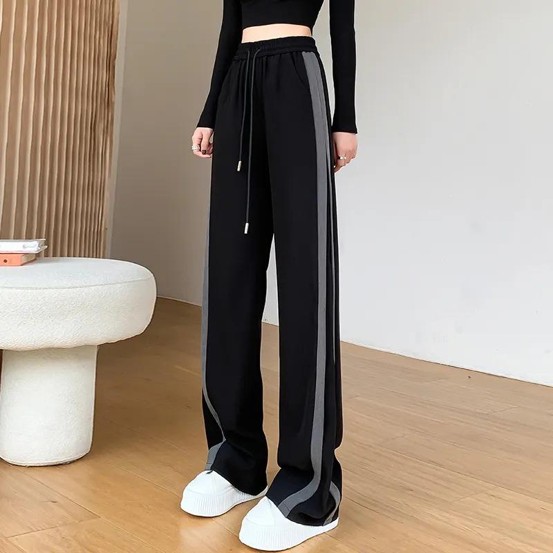 New Arrival Women's Black Side Stripe Patchwork Straight Leg Wide Pants – Trendy, Versatile, and Casual for Spring and Summer