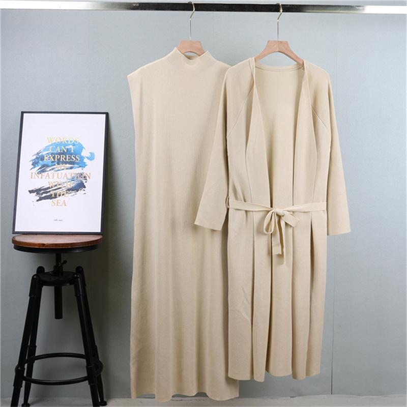 Women's Autumn Fashion Long Knitted Cardigan Suit, Sleeveless Vest Dress Paired with Long Knitted Cardigan Two-piece Set