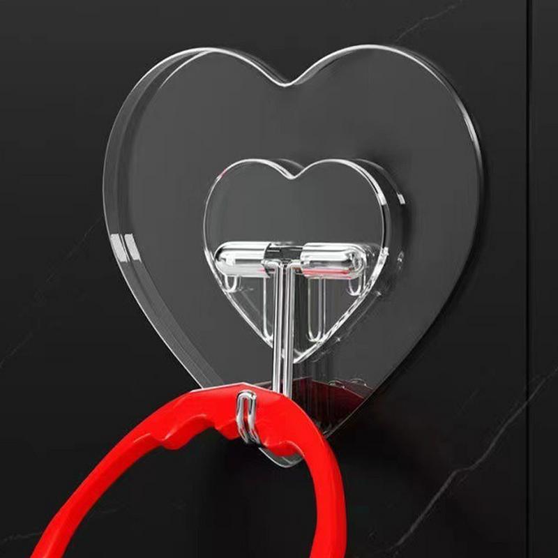 10pcs Heart Shape Transparent Hooks Non Punching Plastic Love Hangers Holder Self Adhesive Key Towel Multi-Purpose Hooks