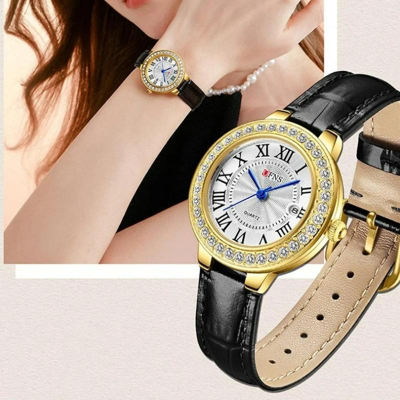 New Fashionable Casual Retro Style Inlaid Diamond Round Women's Quartz Watch Waterproof Retro Leather Watches