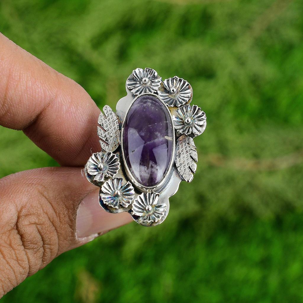 925 Silver Natural Chevron Amethyst Statement Flower Adjustable Ring