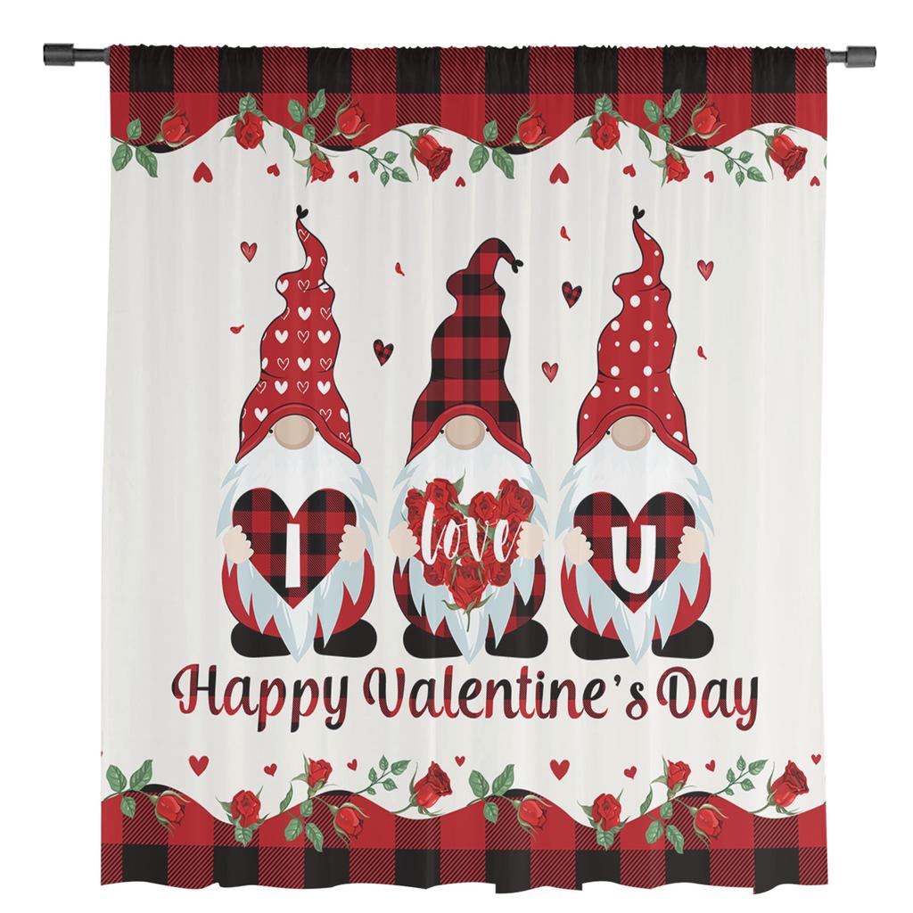Valentine 'S Day Gnome Love Roses Tulle Curtains For Living Room Kitchen Sheer Voile Curtain Bedroom Window Panels