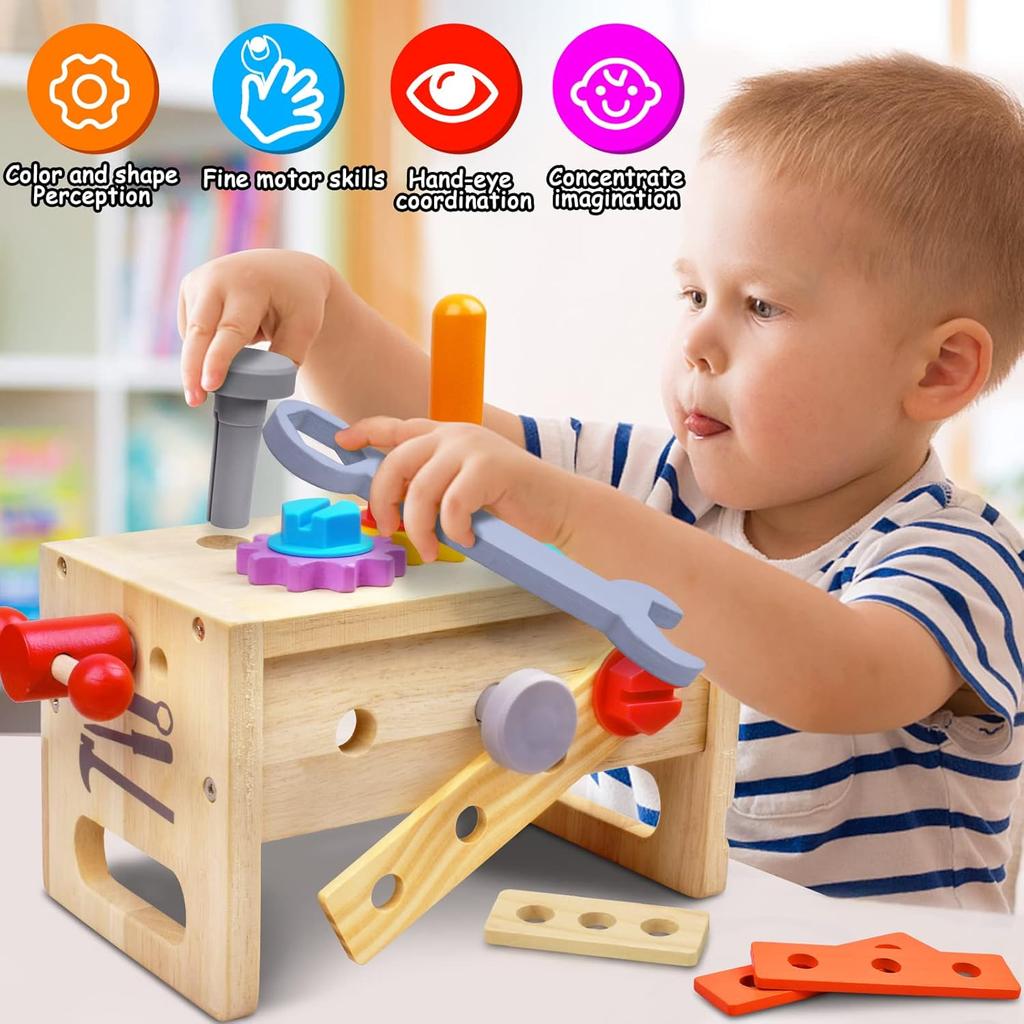 Wooden Tool Set Montessori Toys for 2 3 4 5 Year Old Boy, 29Pcs Stem Toys Toddler Educational Toys Age 2-3, Tool Bench Pretend Play Construction