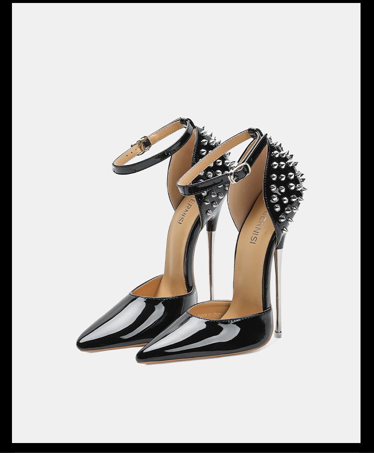 16cm women's pointed patent leather high-heeled rivet sandals ankle buckle high-heeled sandals high-heeled shoes Sizes 35-46