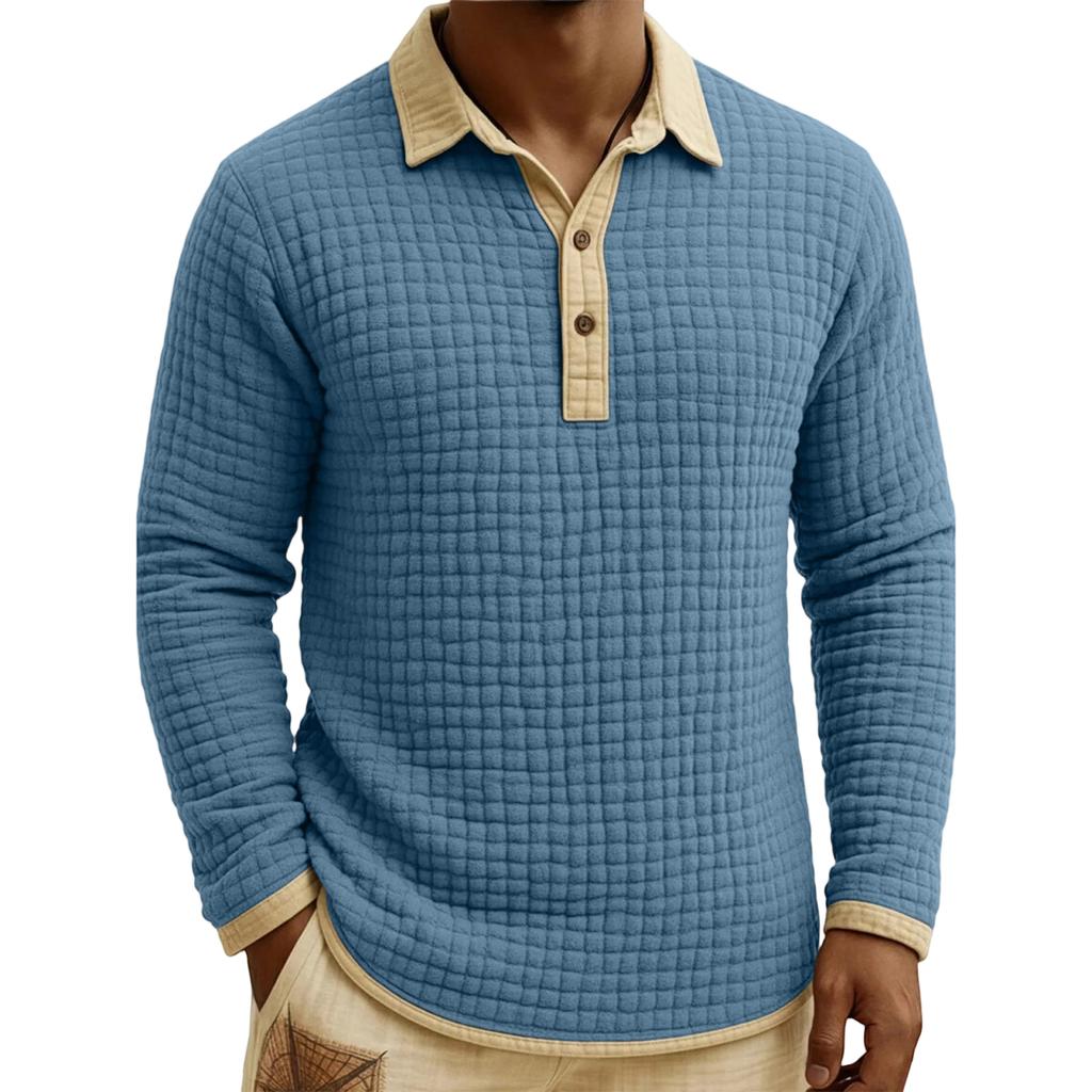 Men's Quilted Knit Color,blocked Pullover Button,down Top