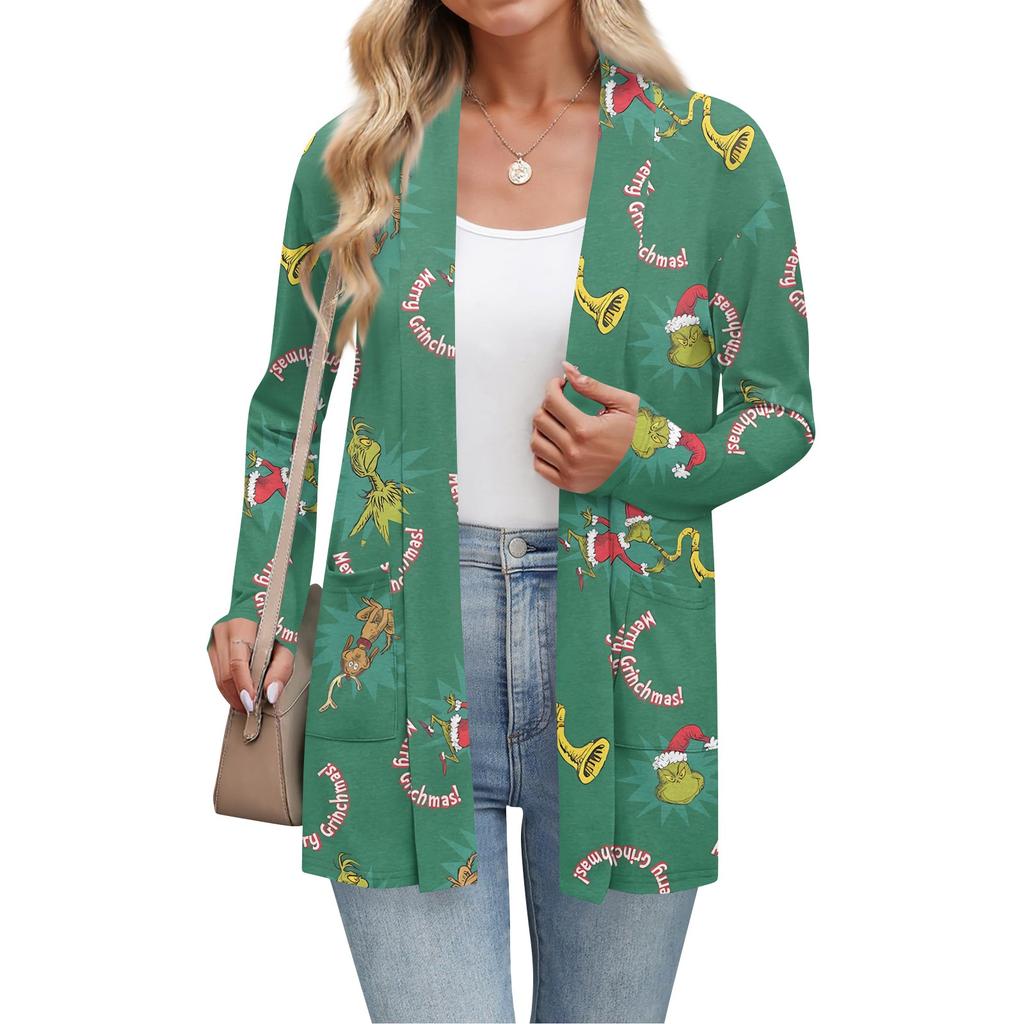 Women's Christmas Printed Lightweight Cardigan Long Sleeved Casual Loose Thin Fit With Pockets Cardigan Jacket