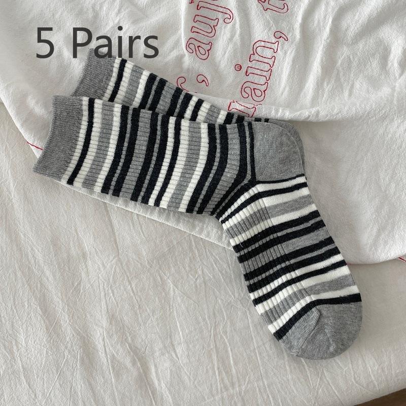 5 Pairs of Women's Spring and Autumn Striped Cotton Wicking Anti Pilling Mid Tube Socks