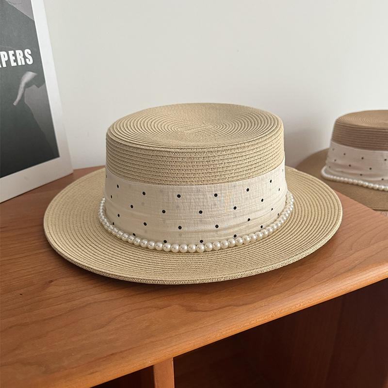 Flat top straw hat women's summer seaside vacation polka dot sun hat pastoral literary and retro top hat