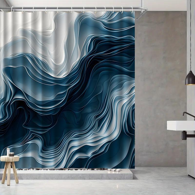 Abstract Wave Shower Curtain Blue Gradient Design Waterproof Bath Decor Contemporary Artistic Bathroom Curtains for Home