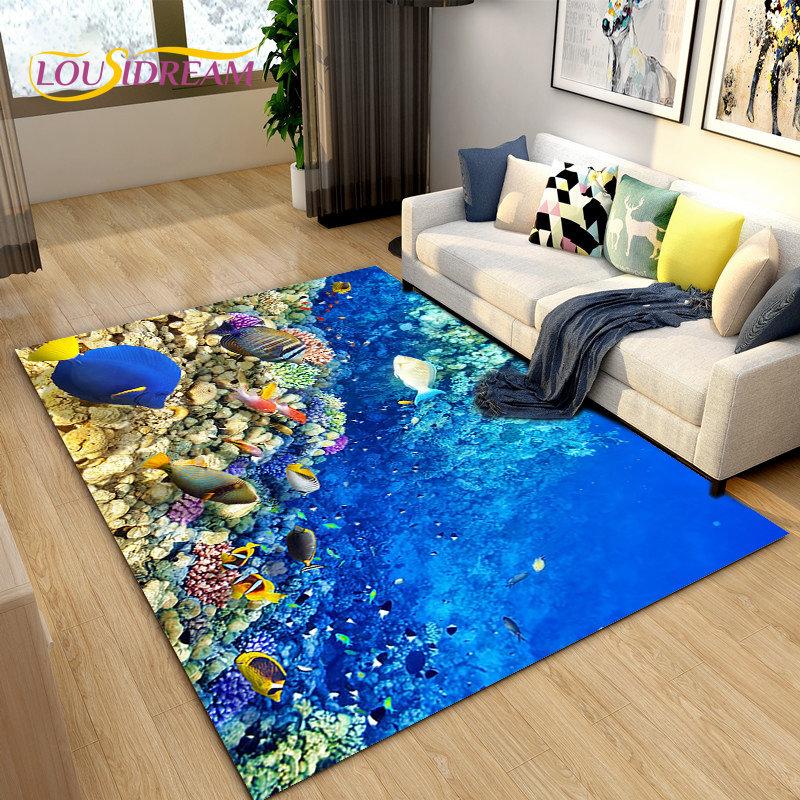 3D Underwater World Sea Turtle Dolphin Area Rug Large,Carpet Rug for Living Room Bedroom Sofa Doormat Kitchen,Non-slip Floor Mat