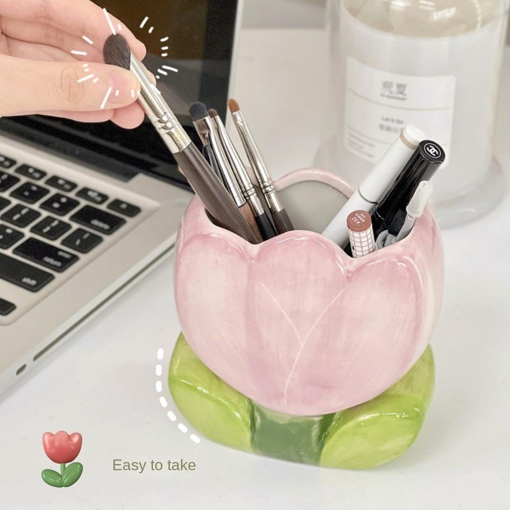 Ceramic Flower Makeup Brush Storage Bucket Pen Container Ceramic Tulip Pen Holder  Girl Gift