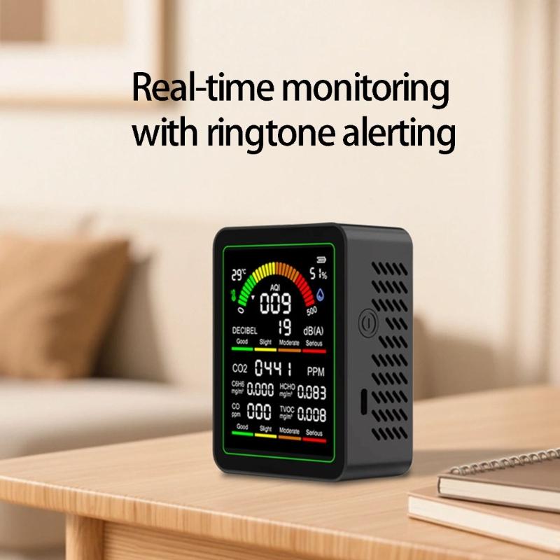 Air Quality Monitor With CO CO2 C6H6 Formaldehyde TVOC Temperature Humidity Detections And Noise Meter For Home Office Lab