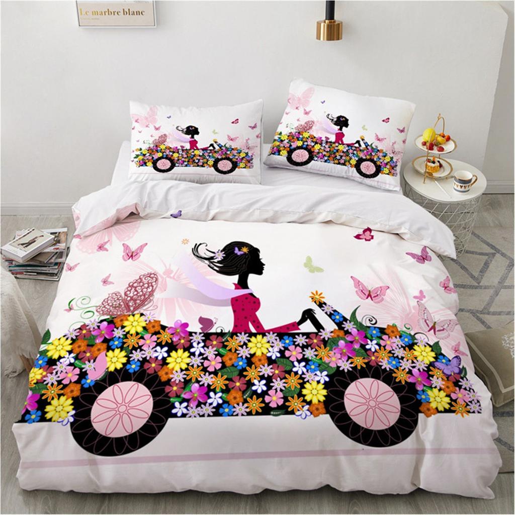 Cartoon Girly Butterfly Duvet Cover Lovely Pink Flower Fairy with Wings Romantic for Children Women Gifts for Bedroom Decoration