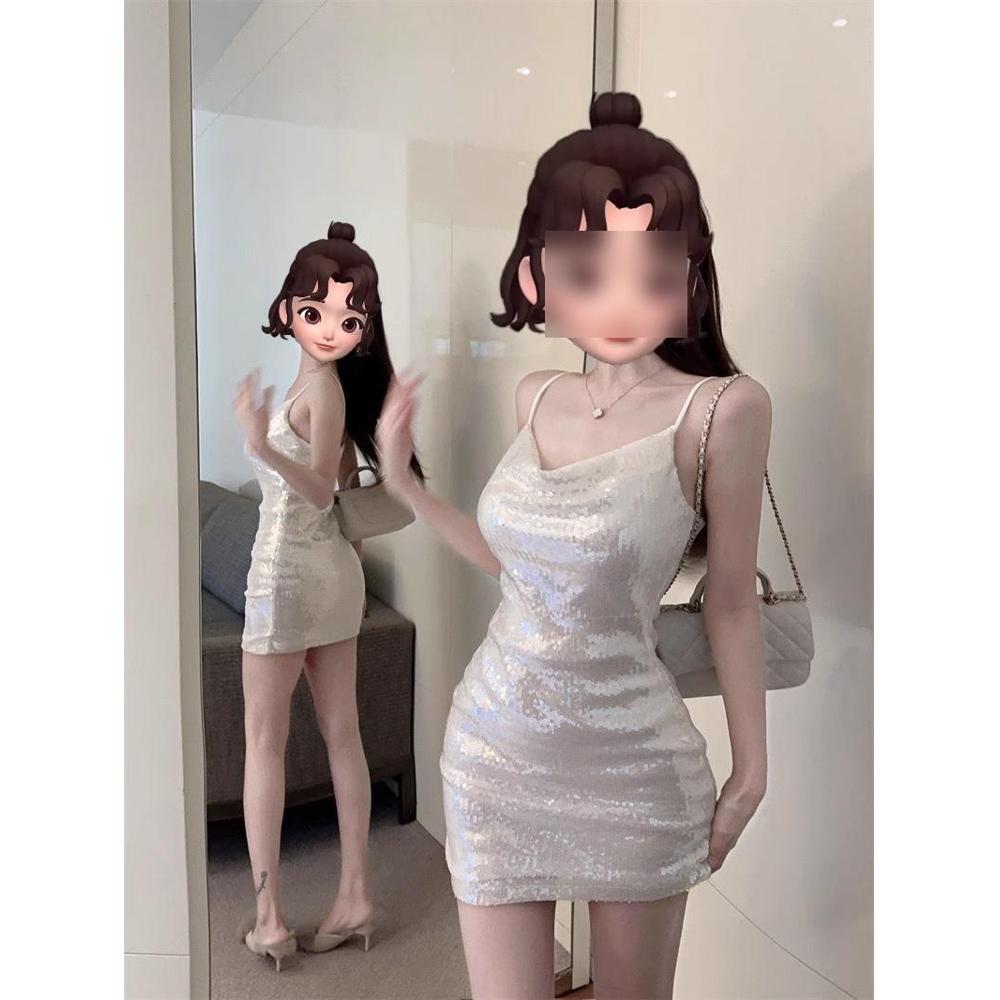 Pure Desire White Shiny Tube Top Suspender Dress Women's Summer Bright Dress Stepmother Hip Wrap Neutral Contrast Short Skirt