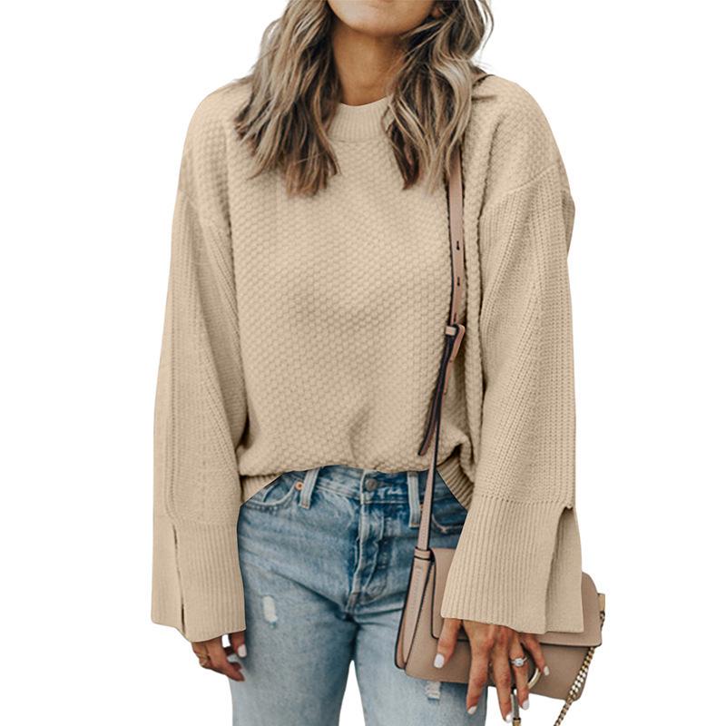 Women's 2025 Autumn Solid Color Pullover Round Neck Long Sleeve Sweater - Versatile European American Fashion