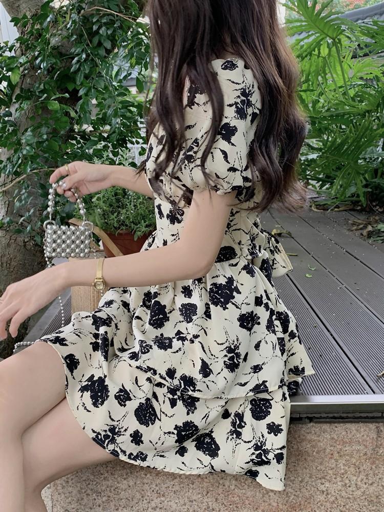 Summer new high waist and thin small medium and long dress French floral temperament fashion bubble sleeve dress women