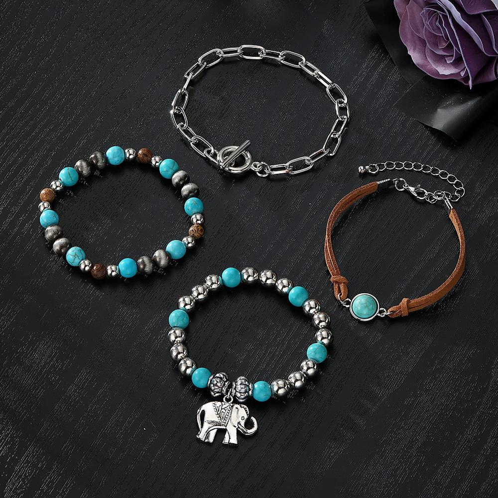 New Bohemian Style Turquoise Wood Bead Alloy Elastic Cord Unisex Beaded Bracelet Set