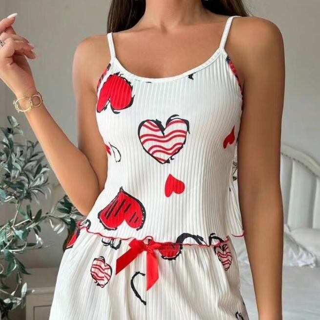 Niedliches Erdbeerdruck Pyjama-Set Damen Ärmelloses Oberteil Elastischer Bund Shorts Bequeme Nachtwäsche