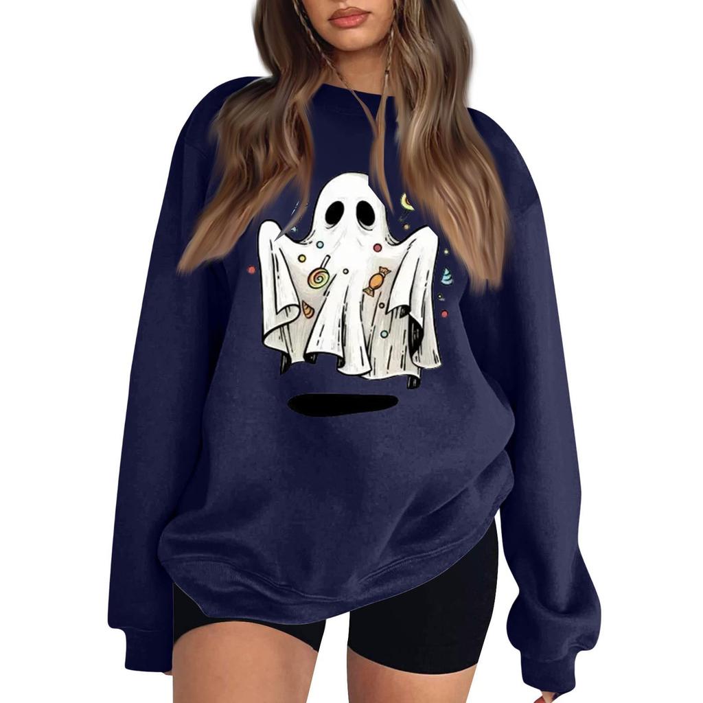 Women's Neck Long Sleeve Sweatshirt Casual Loose Fit Color Pullover with Halloween Print