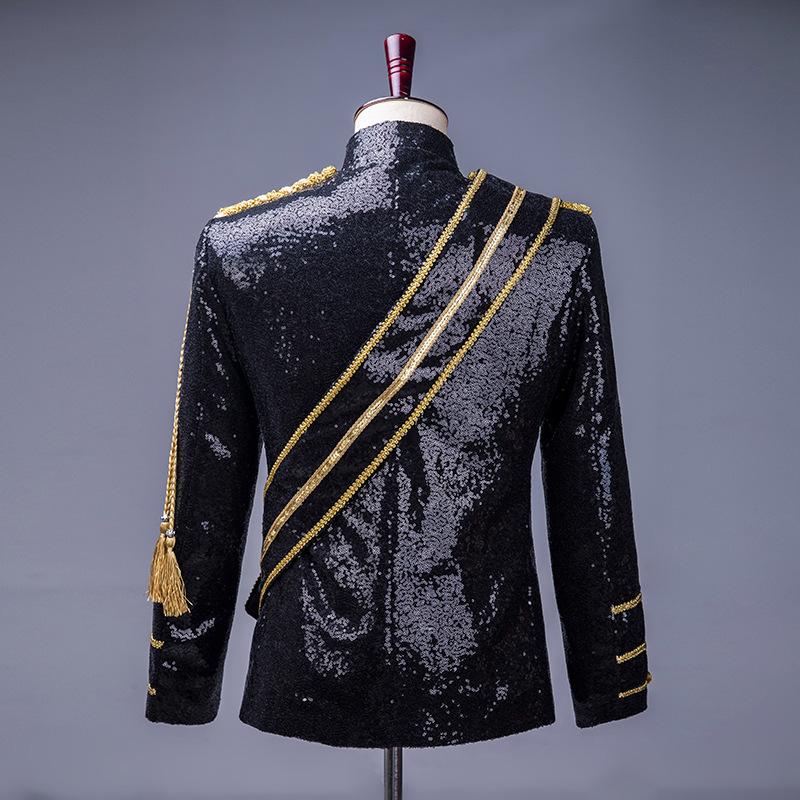 Masculino Lantejoulas Pretas Estilo Palácio Europeu Stylist Nightclub DJ Dourado Costurado Fantasia de Performance Vestido de Performance