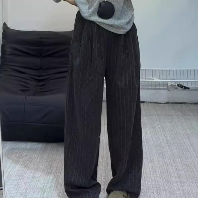 Dark Grey Heart Pattern Wide Leg High Waist Petite Women's Trousers - Spring/Summer Casual Straight Leg Floor Length Pants