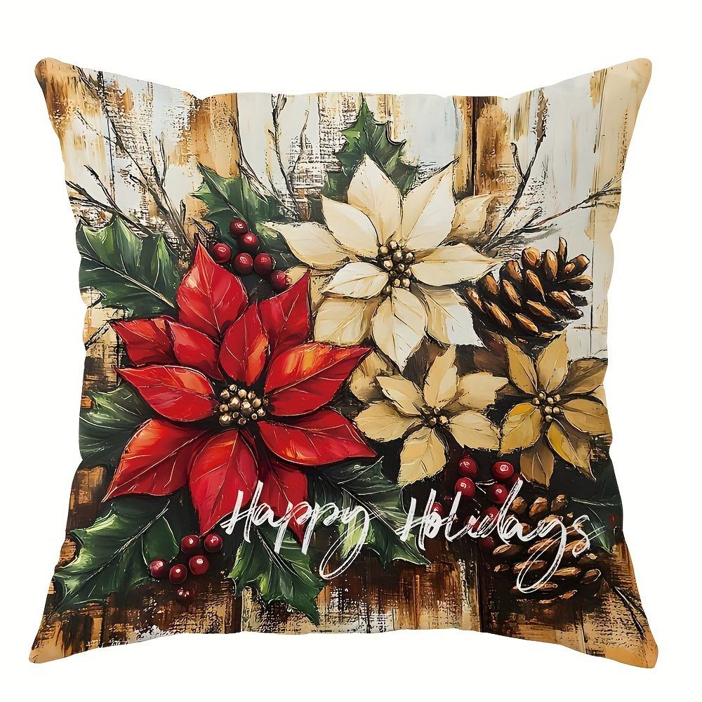 

Home Decor Festive Poinsettias, Lantern & Bells Pillow Covers Pattern Cushion Cover Suitable For Sofa Bedroom Car Pillow Cover 16x16Inch