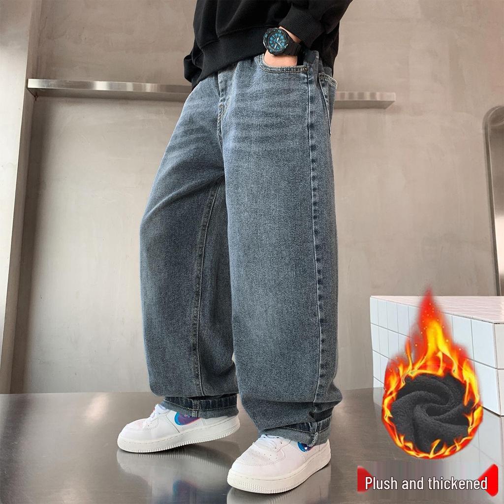 Boys' 2025 Fleece-Lined Loose Jeans - Trendy Autumn/Winter Pants for Big Boys