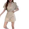 Retro Women’s Waist-Cinched Workwear Jumpsuit: 2026 Korean Style, Short-Sleeved, Loose Wide-Leg Shorts