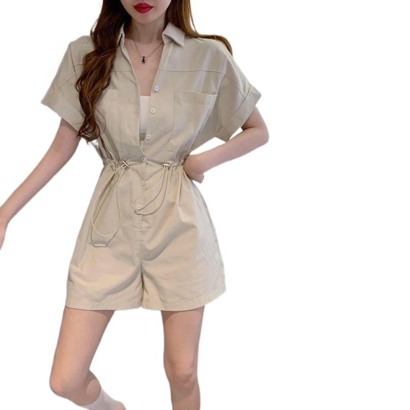 Retro Women’s Waist-Cinched Workwear Jumpsuit: 2026 Korean Style, Short-Sleeved, Loose Wide-Leg Shorts