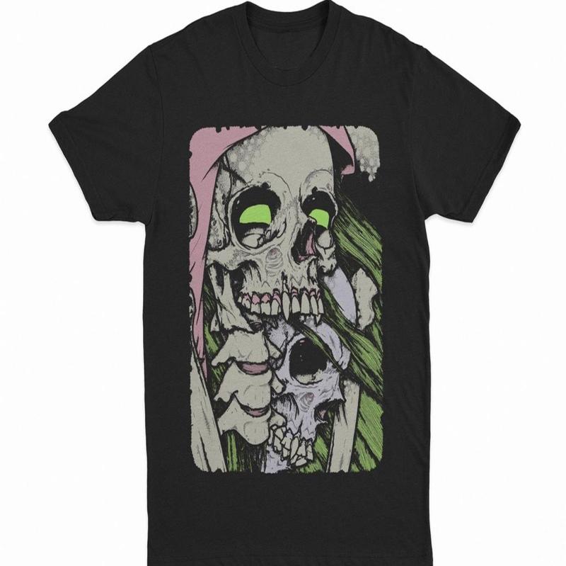 

Summer Bestseller Gothic Street Style T-shirt - Morgue Vanguard X Still - Iqlab Brand - Green and Pink Skull Chest Print 4XL