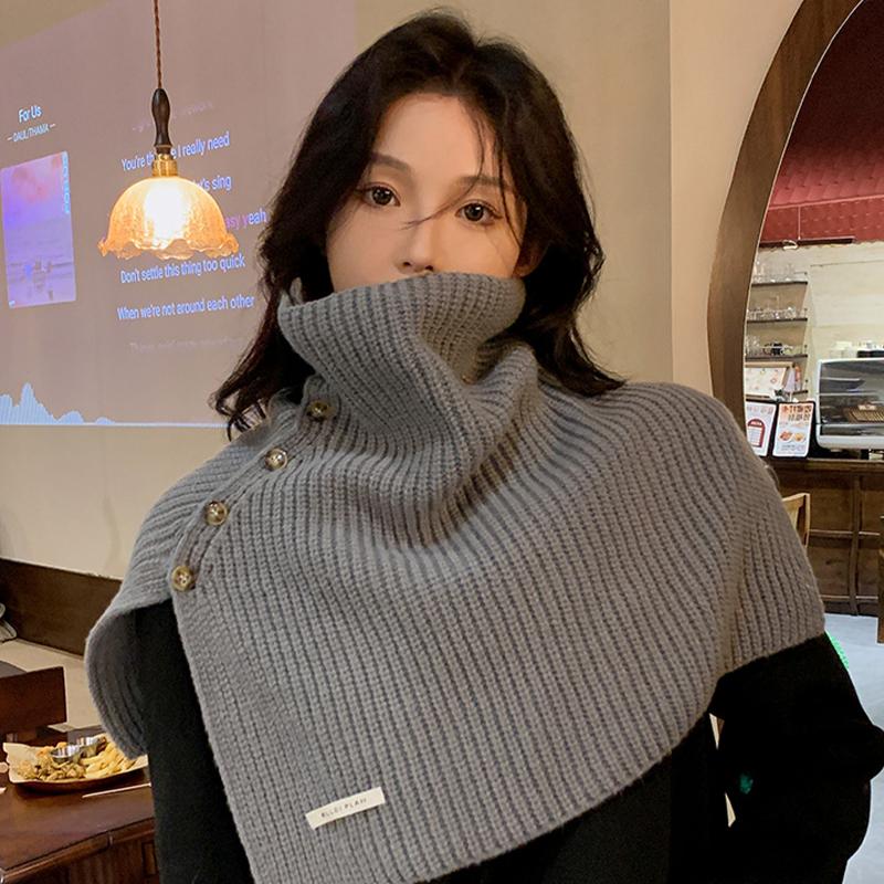 Button Scarf Women Autumn Winter Korean Style All-Match Warm Neck Cover Outer Wear Split Knitted Scarf
