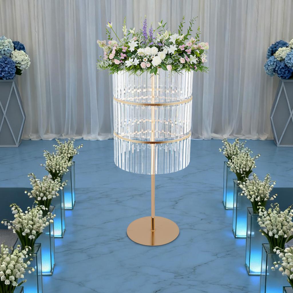3-Tier Gold Wedding Flower Stand with Hanging Crystals, Elegant Wedding Party Centerpieces Flower Stand for Reception Table