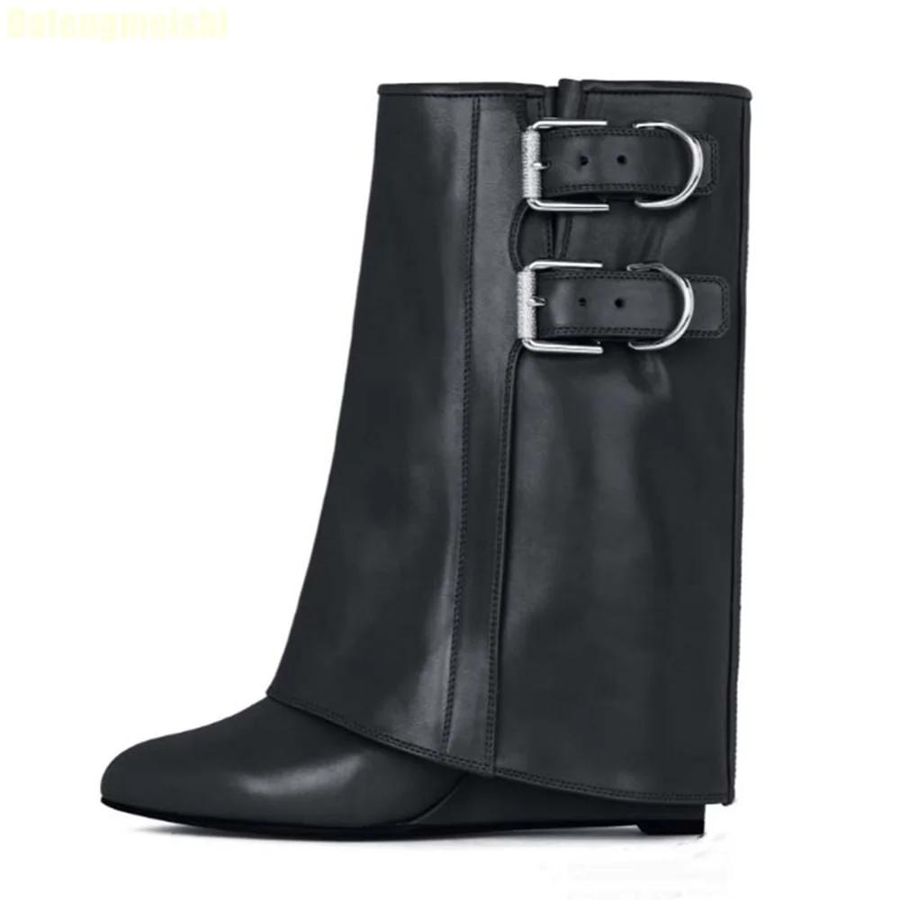 Black/white/red Leather Mid-Calf/knee-High Boots 2025 New Wedges Shark Boots Metal Belt Buckle Latest Catwalk Boots