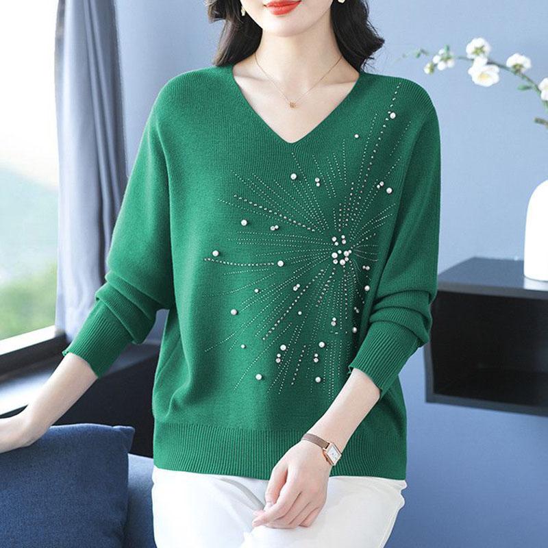 Autumn and Winter Women's V-Neck Sweater Solid Color Loose Beaded Sweater Plus Size Knitted Pullover Top